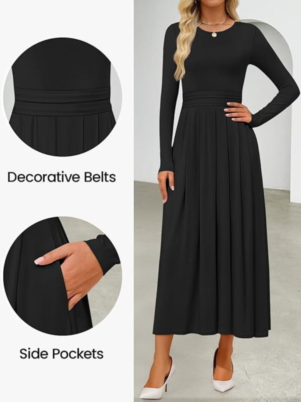 ZESICA, BLACK, STRETCHY, LONG SLEEVE, FIT & FLARE MAXI DRESS WITH POCKETS, S